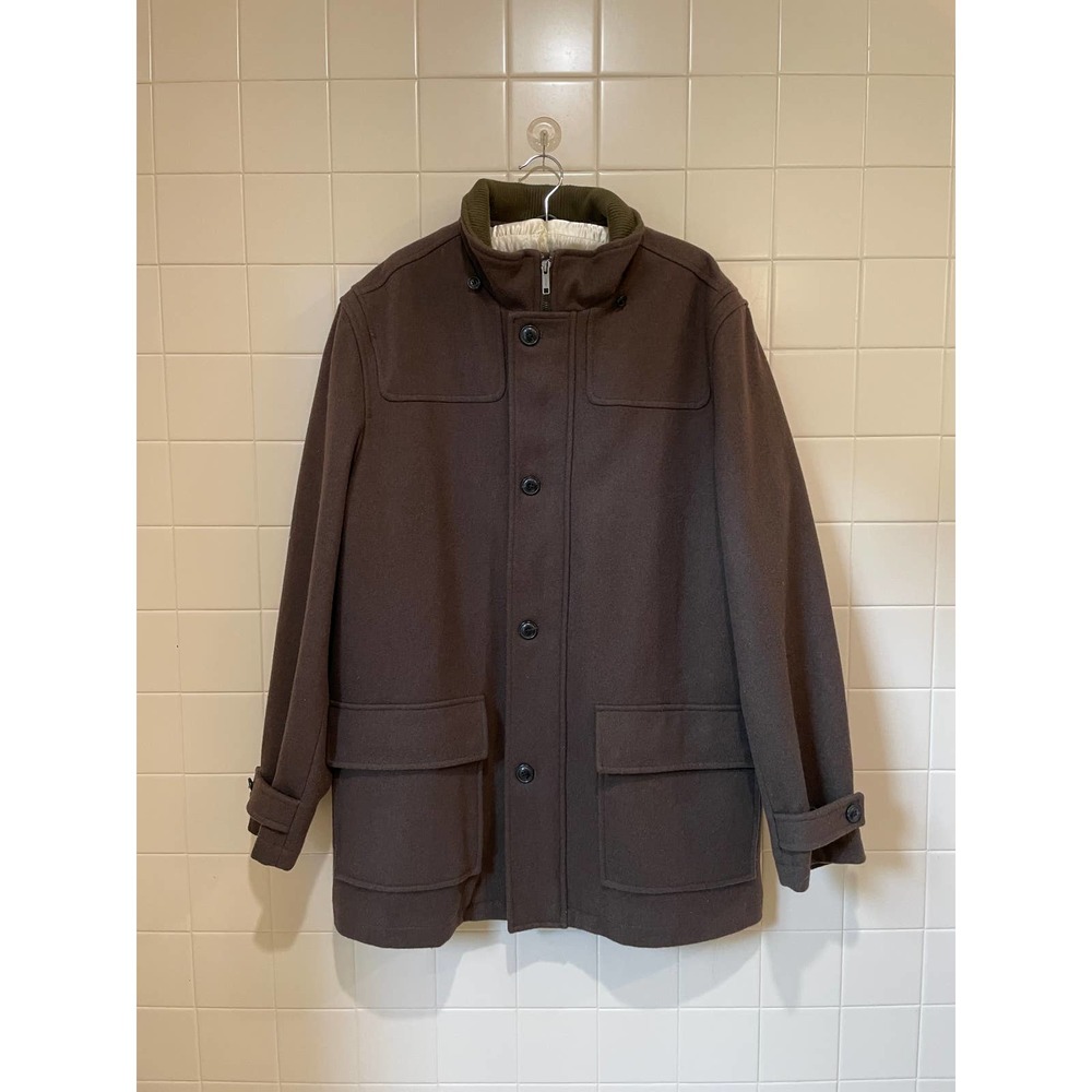Lands' End Coat Men's Army Green Quilted Lining Trim Wool Cashmere Blend Large